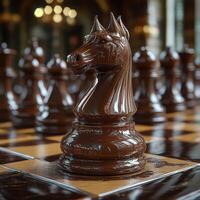 Artistic Chocolate Chess Set with Caramel Knights and Glossy Pieces photo