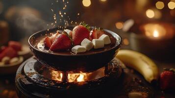 Luxurious Chocolate Fondue with Dipped Strawberries, Marshmallows, and Bananas photo