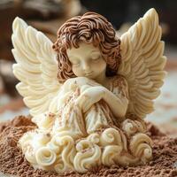Ethereal Chocolate Angel with Soft White Wings Resting on Cocoa Cloud photo