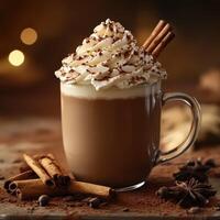 Rich Hot Chocolate Cup with Whipped Cream and Cinnamon in Soft Light photo