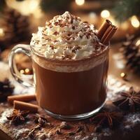 Cozy Hot Chocolate with Whipped Cream, Cinnamon Sticks, and Soft Lighting photo