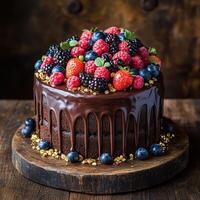 Realistic Gourmet Chocolate Cake with Dripping Ganache and Gold Flakes photo