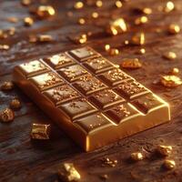 Luxurious Golden-Wrapped Chocolate Bar Melting Under Cinematic Soft Lighting photo