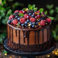 Cinematic Chocolate Cake with Dripping Ganache, Fresh Berries, and Gold photo
