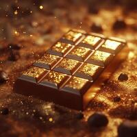 Detailed Hyper-Realistic Chocolate Bar with Golden Wrapping and Warm Light photo