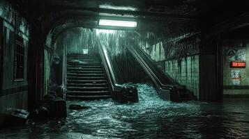 Abandoned subway station, flooded with water, eerie reflections and luggage photo
