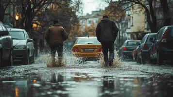 Man and Friend Walking Down Street, Car Splashes Dirty Water photo