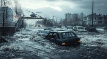 Emergency helicopters rescuing survivors from collapsed bridge in flooded city photo