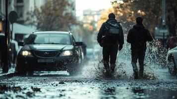 Friendship Interrupted as Man Gets Splashed by Passing Car Water photo