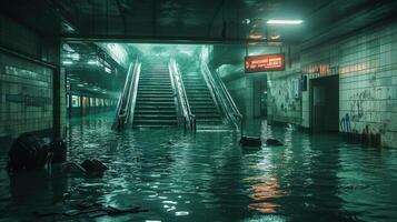 Atmospheric flooded subway station, eerie reflections, and abandoned luggage details. photo