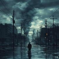 Deserted city street with lone figure, floating debris, storm clouds photo