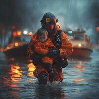 Emotional rescue worker with child in floodwaters, dramatic lighting scene. photo
