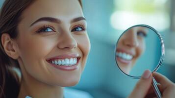 Joyful Patient Looking into Mirror, Loving Their New Porcelain Veneers photo