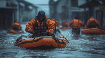 Emergency rescue team helping stranded citizens, pouring rain, dramatic lighting photo