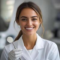 Smiling Female Dentist Holding Mirror and Scaler in Well-Lit Clinic photo