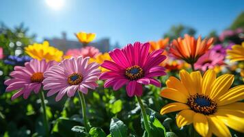 Bright Blossoms in Urban Flowerbed with Clear Sky and Sunlight photo