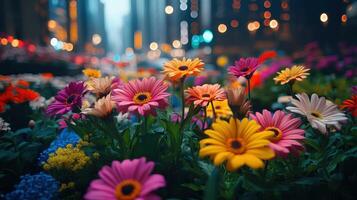 Close-Up of Bright Petals in City Flowerbeds with Urban Backdrop photo