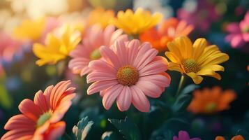 Blooming Flowers in Public Garden with Soft Shadows and Sunlight photo