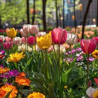 Realistic Close-Up of Flowers in Bloom with City Buildings Background photo
