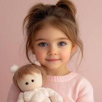Lovely child with a toy doll on a light pink background photo