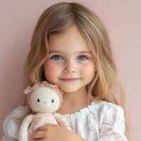 Innocent young girl with a cute doll on a pink setting photo