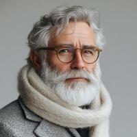 Elderly man with gray beard looking calm against grey backdrop photo