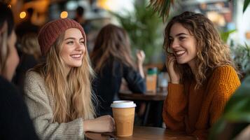 Joyful women with coffee drinks engaged in conversation at cafe photo
