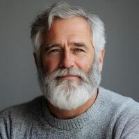 Wise senior man with gray beard, isolated on light gray background photo