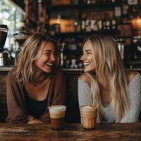 Happy friends drinking coffee and having a conversation in a cafe photo