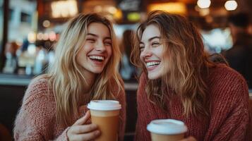 Two happy women sipping coffee while chatting in a cafe photo