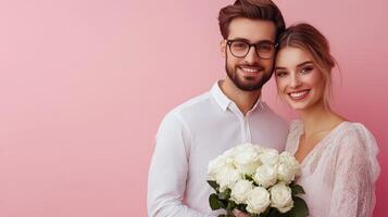 High resolution image of couple holding white roses for Valentines Day photo