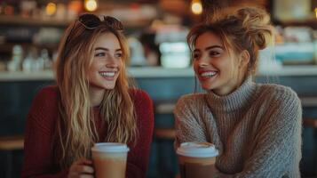 Smiling women having coffee and a lively conversation in cafe photo