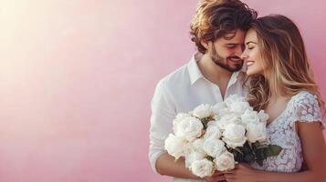 Valentine's Day celebration with a couple and a rose bouquet photo