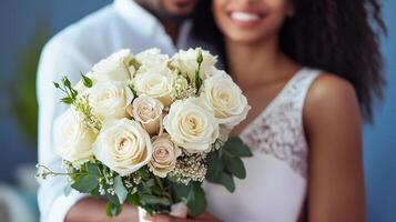 Romantic couple with bouquet of white roses, high-resolution image photo