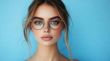 High-resolution image of woman with fashionable glasses on blue background photo