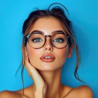 Closeup high resolution image of woman with chic glasses on blue photo