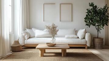 Scandinavian living room with coffee table, cozy sofa, light photo