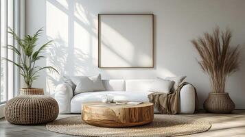 Minimalist Scandinavian living room with cozy sofa, light coffee table photo