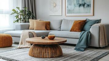 Living room in Scandinavian style with coffee table, minimalist sofa photo