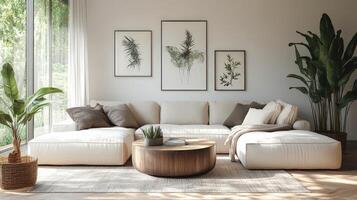 Minimalistic Scandinavian living room with cozy sofa and coffee table photo