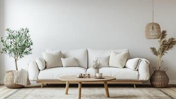 Minimalist Scandinavian living room with cozy sofa, coffee table, light photo