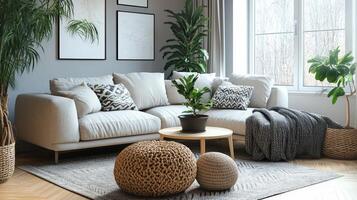High-res minimalist Scandinavian room with coffee table, cozy sofa photo
