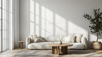 Scandinavian-style living room with coffee table, sofa, minimalist decor photo