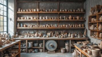 Rustic pottery studio with ceramics, wheel, and scattered clay tools photo