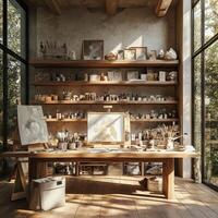 Cozy artist's workspace with wooden desk, sculptures, and natural light photo