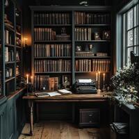 Candle-lit desk and typewriter in dark academia-inspired home office photo