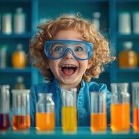 Excited young scientist in lab mixing chemicals with colorful liquids photo