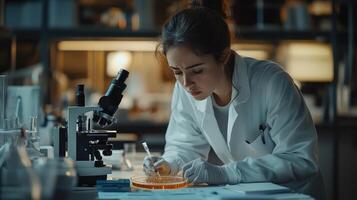 Scientist in white coat examining petri dish, microscope, research papers photo