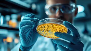 Microbiologist in lab holding petri dish with bacteria colonies, high resolution photo