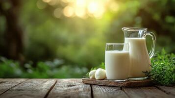 High-resolution image of milk in glass and jug on table photo